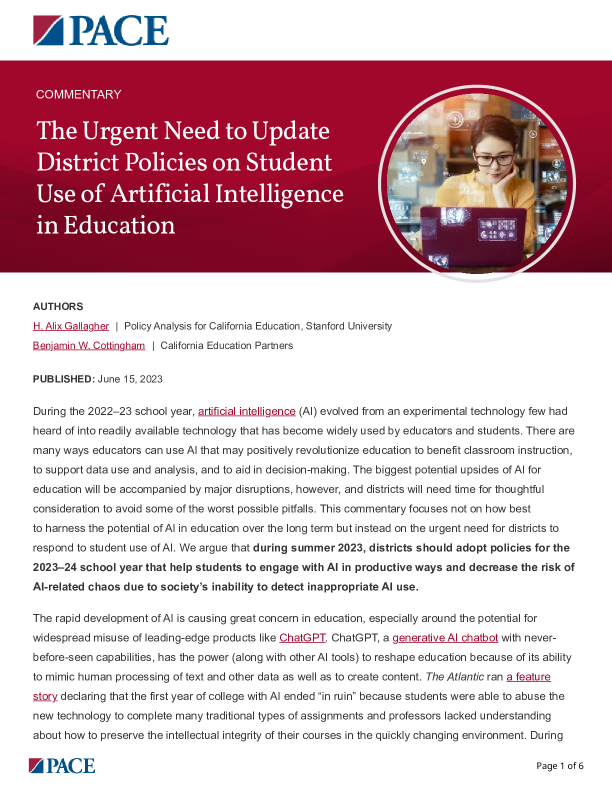 The Urgent Need to Update District Policies on Student Use of Artificial Intelligence in Education PDF