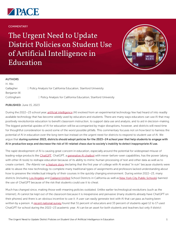 The Urgent Need to Update District Policies on Student Use of Artificial Intelligence in Education PDF