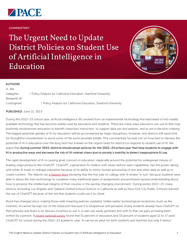 The Urgent Need to Update District Policies on Student Use of Artificial Intelligence in Education PDF