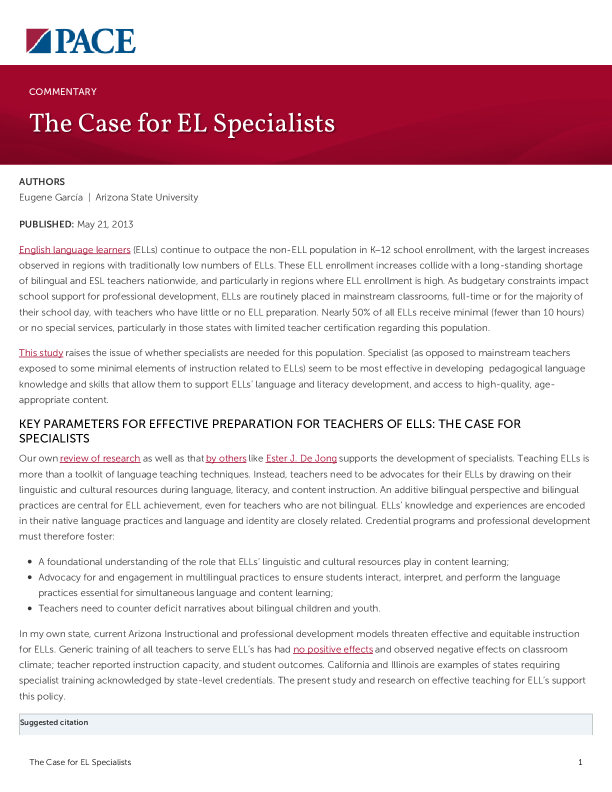 The Case for EL Specialists PDF