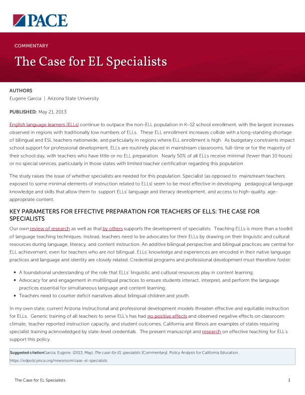 The Case for EL Specialists PDF
