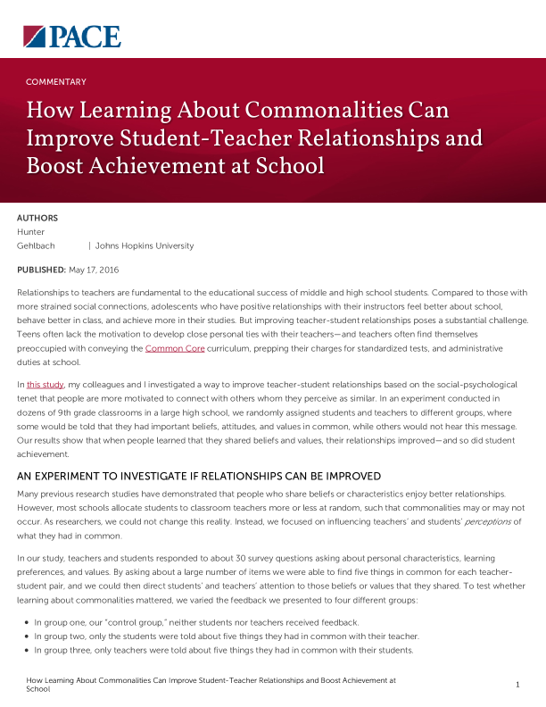 How Learning About Commonalities Can Improve Student-Teacher Relationships and Boost Achievement at School PDF