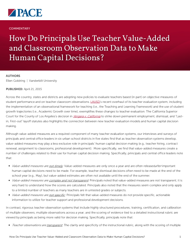How Do Principals Use Teacher Value-Added and Classroom Observation Data to Make Human Capital Decisions? PDF