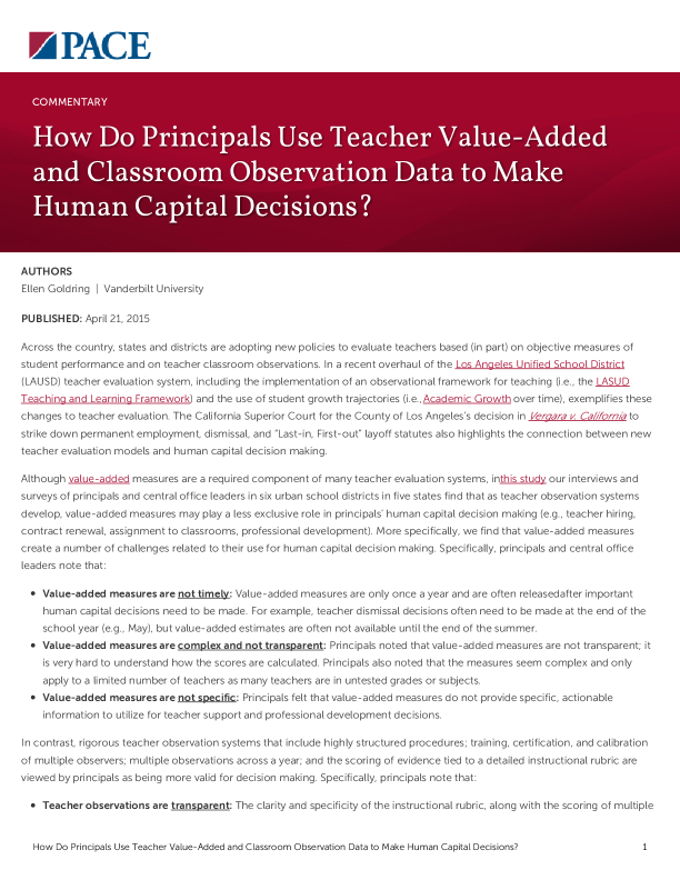 How Do Principals Use Teacher Value-Added and Classroom Observation Data to Make Human Capital Decisions? PDF