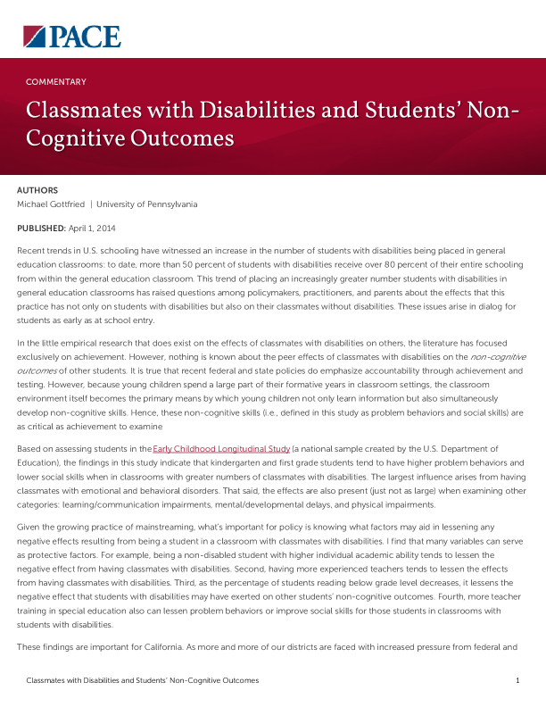 Classmates with Disabilities and Students’ Non-Cognitive Outcomes PDF
