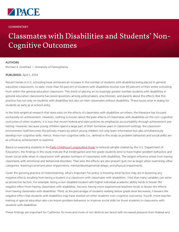 Classmates with Disabilities and Students’ Non-Cognitive Outcomes PDF