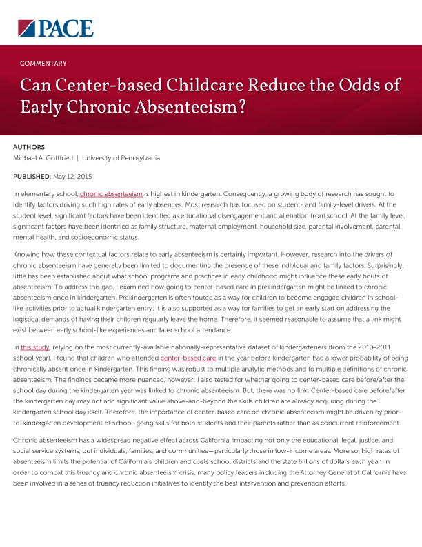 Can Center-based Childcare Reduce the Odds of Early Chronic Absenteeism? PDF