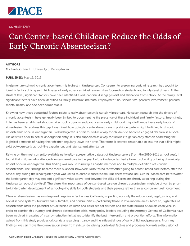 Can Center-based Childcare Reduce the Odds of Early Chronic Absenteeism? PDF