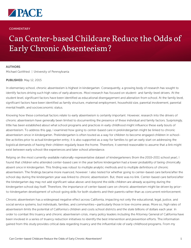 Can Center-based Childcare Reduce the Odds of Early Chronic Absenteeism? PDF