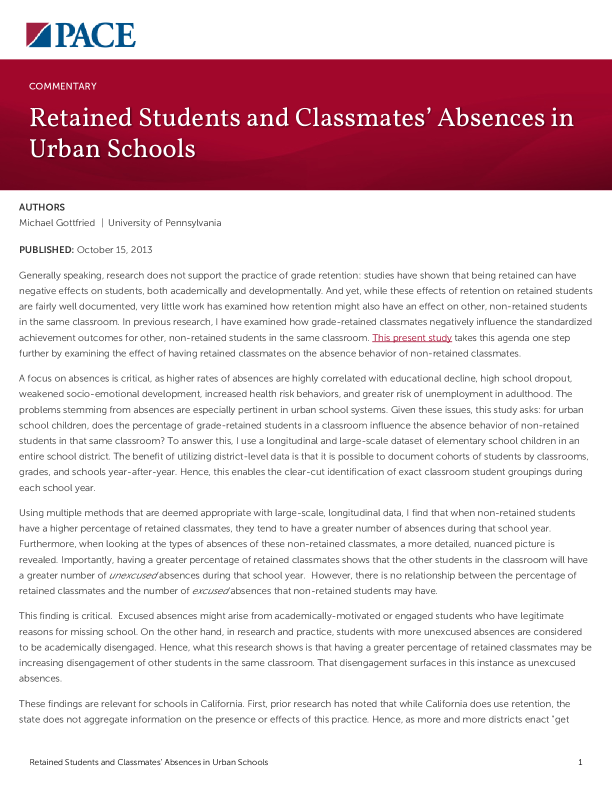 Retained Students and Classmates’ Absences in Urban Schools PDF