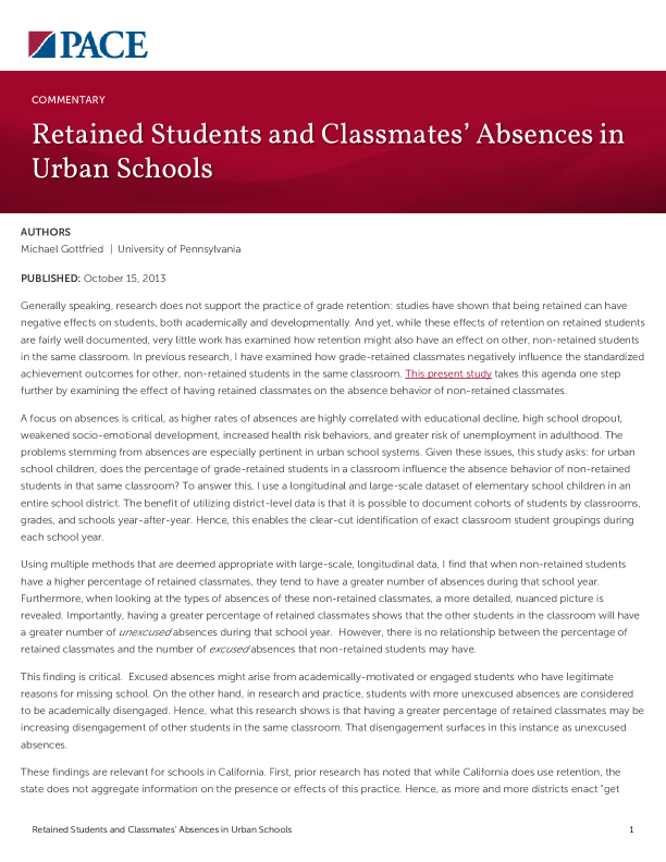 Retained Students and Classmates’ Absences in Urban Schools PDF