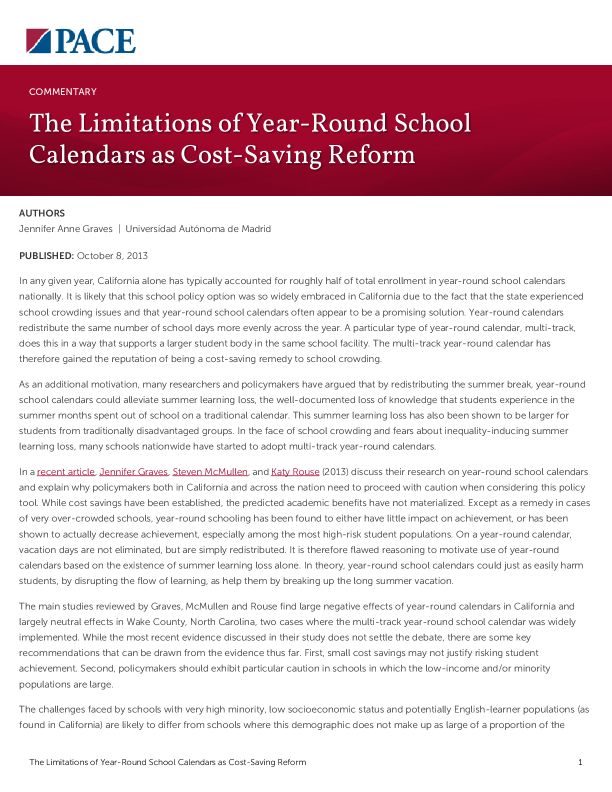 The Limitations of Year-Round School Calendars as Cost-Saving Reform PDF