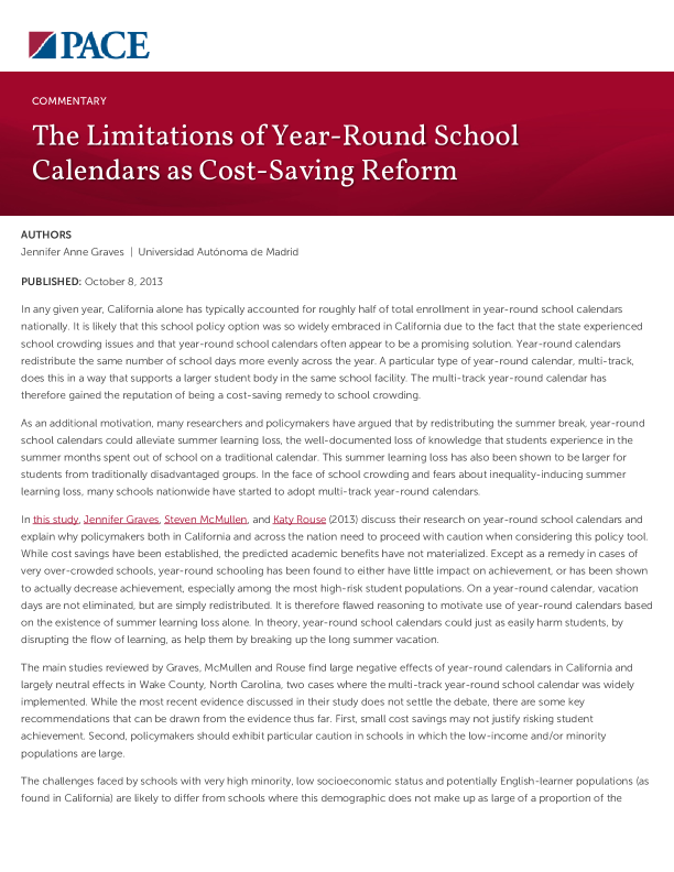 The Limitations of Year-Round School Calendars as Cost-Saving Reform PDF
