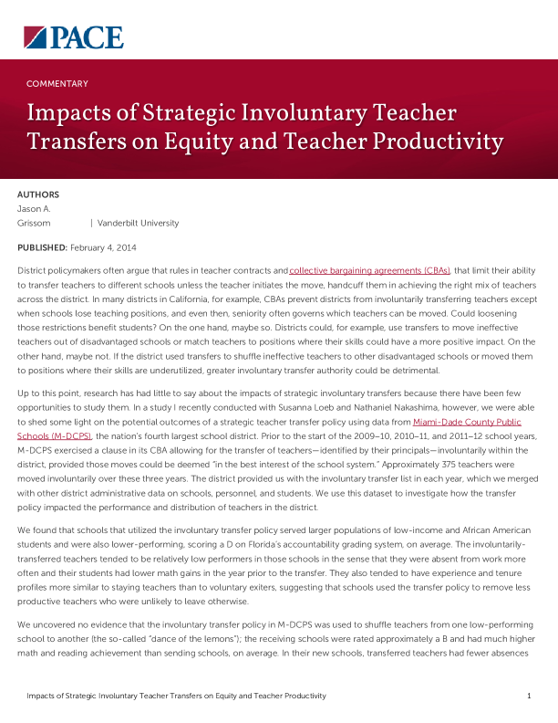 Impacts of Strategic Involuntary Teacher Transfers on Equity and Teacher Productivity PDF