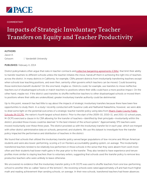 Impacts of Strategic Involuntary Teacher Transfers on Equity and Teacher Productivity PDF