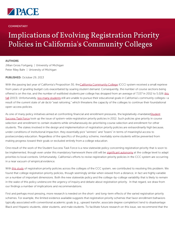 Implications of Evolving Registration Priority Policies in California's Community Colleges PDF