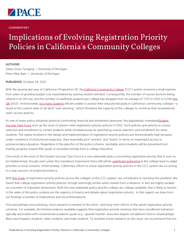 Implications of Evolving Registration Priority Policies in California's Community Colleges PDF