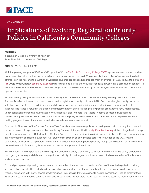 Implications of Evolving Registration Priority Policies in California's Community Colleges PDF