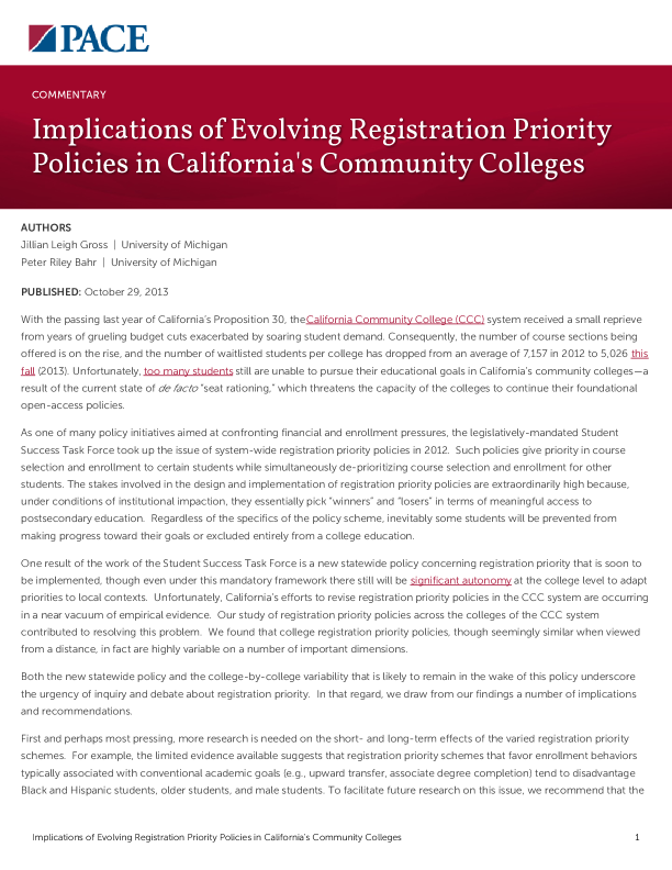 Implications of Evolving Registration Priority Policies in California's Community Colleges PDF