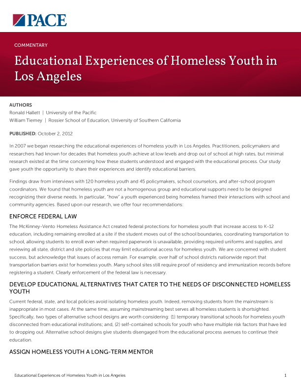 Educational Experiences of Homeless Youth in Los Angeles PDF