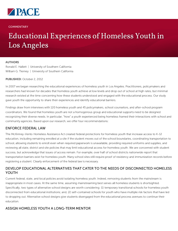 Educational Experiences of Homeless Youth in Los Angeles PDF