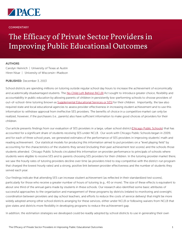 The Efficacy of Private Sector Providers in Improving Public Educational Outcomes PDF