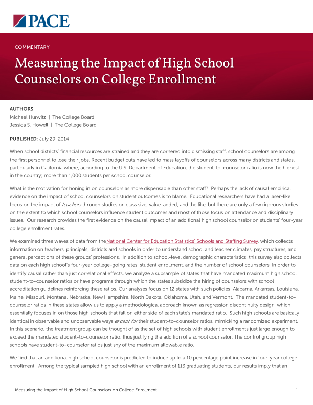 Measuring the Impact of High School Counselors on College Enrollment PDF