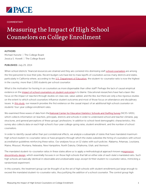 Measuring the Impact of High School Counselors on College Enrollment PDF