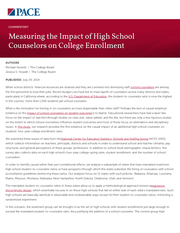Measuring the Impact of High School Counselors on College Enrollment PDF