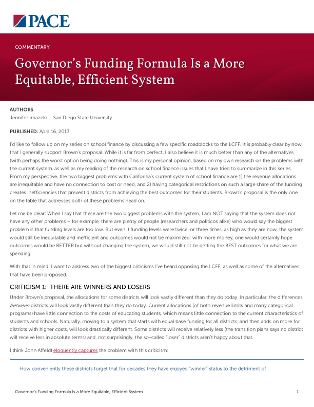 Governor’s Funding Formula Is a More Equitable, Efficient System PDF