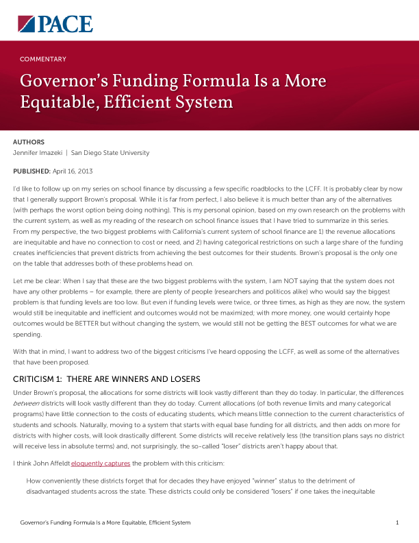 Governor’s Funding Formula Is a More Equitable, Efficient System PDF