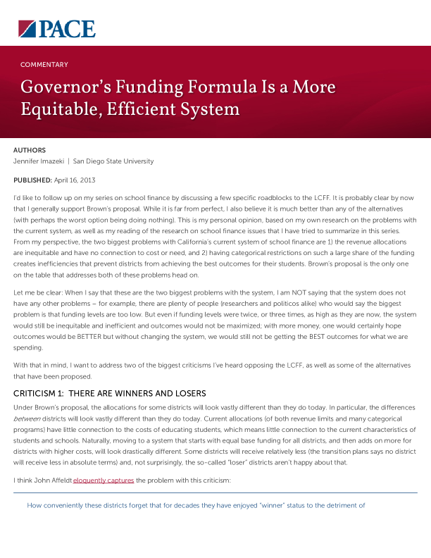 Governor’s Funding Formula Is a More Equitable, Efficient System PDF