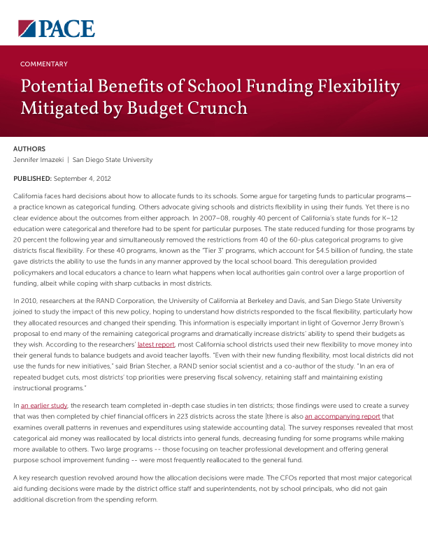 Potential Benefits of School Funding Flexibility Mitigated by Budget Crunch PDF