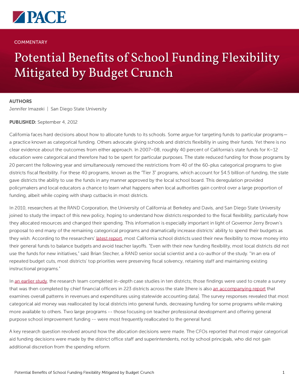 Potential Benefits of School Funding Flexibility Mitigated by Budget Crunch PDF