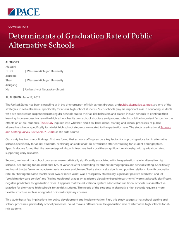 Determinants of Graduation Rate of Public Alternative Schools PDF