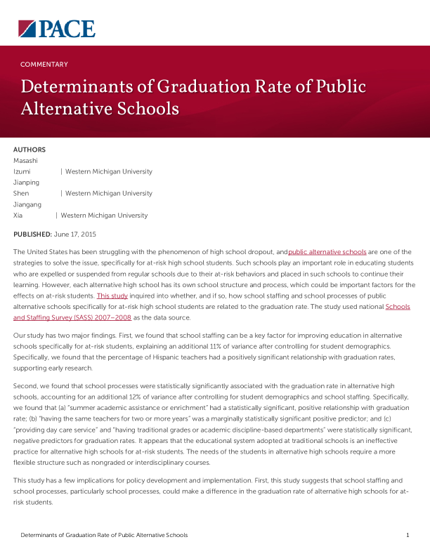 Determinants of Graduation Rate of Public Alternative Schools PDF