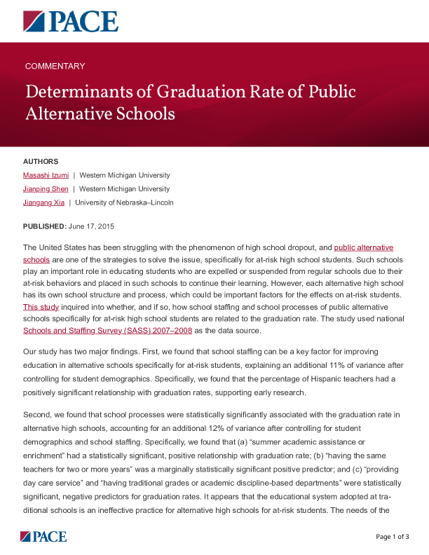 Determinants of Graduation Rate of Public Alternative Schools PDF