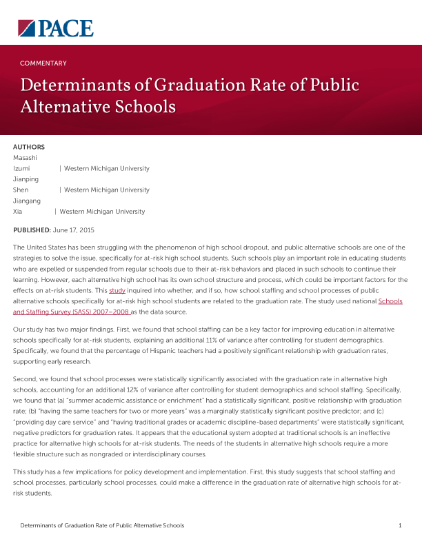 Determinants of Graduation Rate of Public Alternative Schools PDF