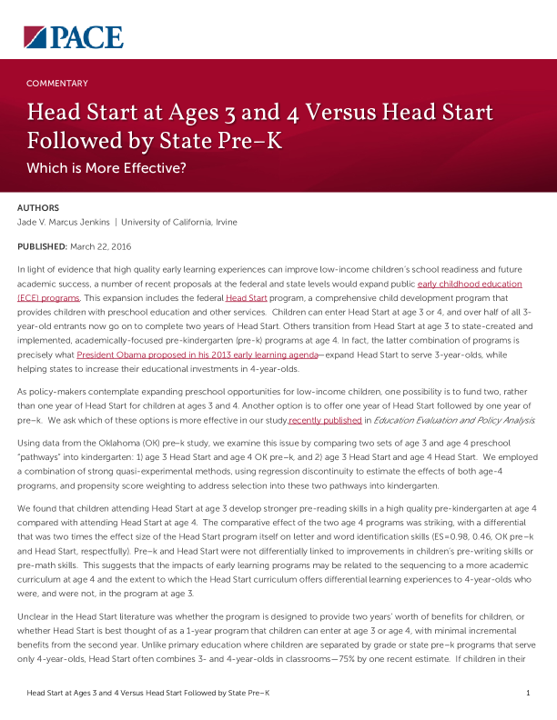Head Start at Ages 3 and 4 Versus Head Start Followed by State Pre–K PDF