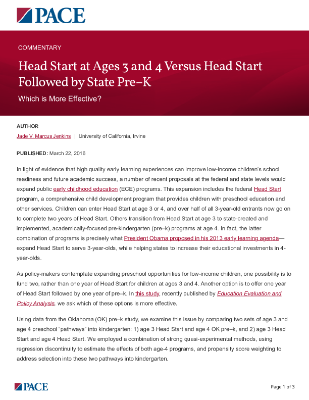 Head Start at Ages 3 and 4 Versus Head Start Followed by State Pre–K PDF