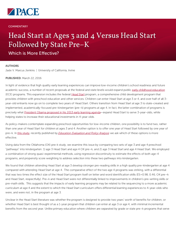 Head Start at Ages 3 and 4 Versus Head Start Followed by State Pre–K PDF