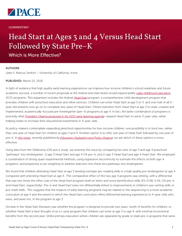 Head Start at Ages 3 and 4 Versus Head Start Followed by State Pre–K PDF