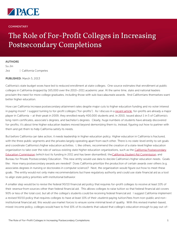 The Role of For-Profit Colleges in Increasing Postsecondary Completions PDF