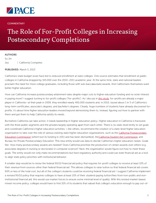 The Role of For-Profit Colleges in Increasing Postsecondary Completions PDF