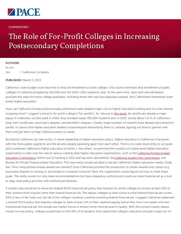The Role of For-Profit Colleges in Increasing Postsecondary Completions PDF