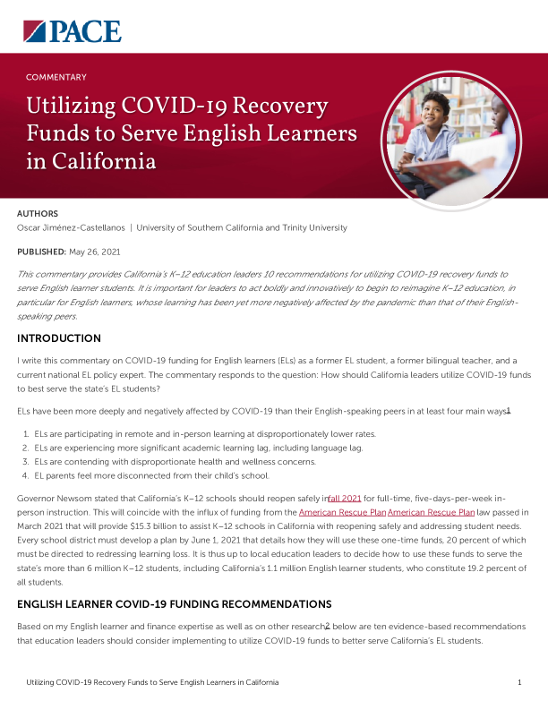 Utilizing COVID-19 Recovery Funds to Serve English Learners in California PDF