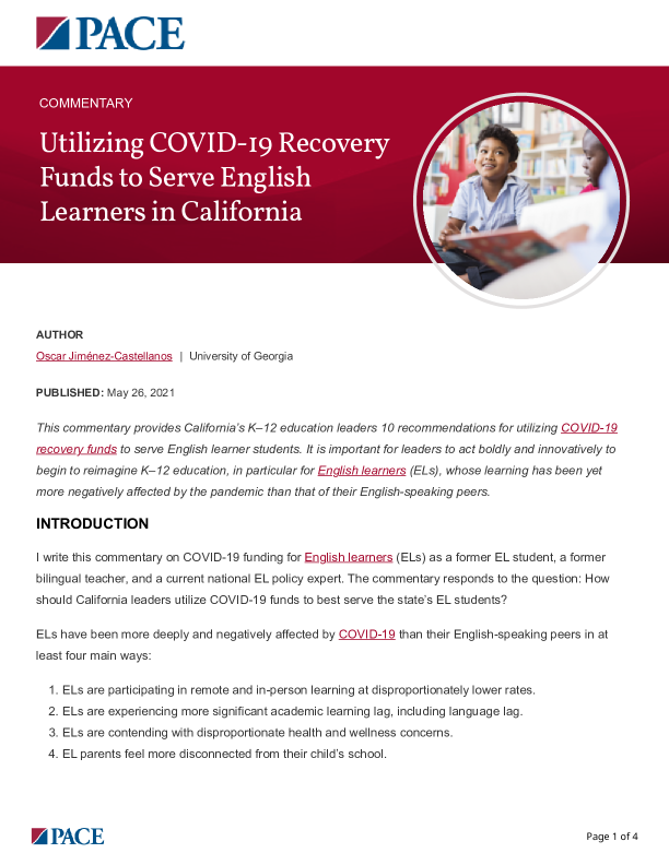 Utilizing COVID-19 Recovery Funds to Serve English Learners in California PDF