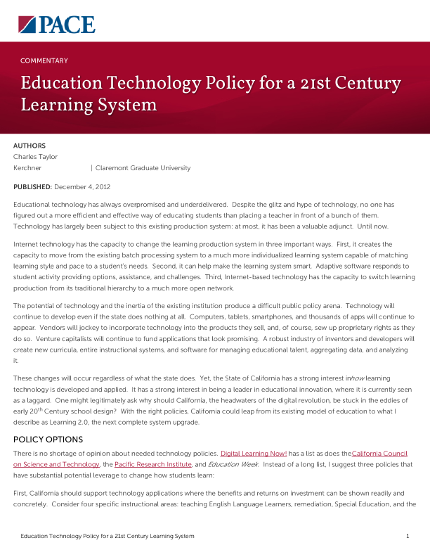 Education Technology Policy for a 21st Century Learning System PDF