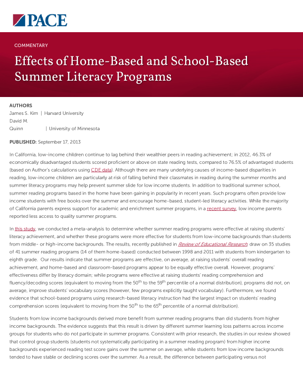Effects of Home-Based and School-Based Summer Literacy Programs PDF