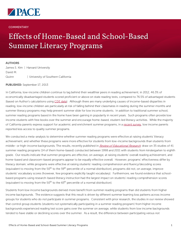 Effects of Home-Based and School-Based Summer Literacy Programs PDF